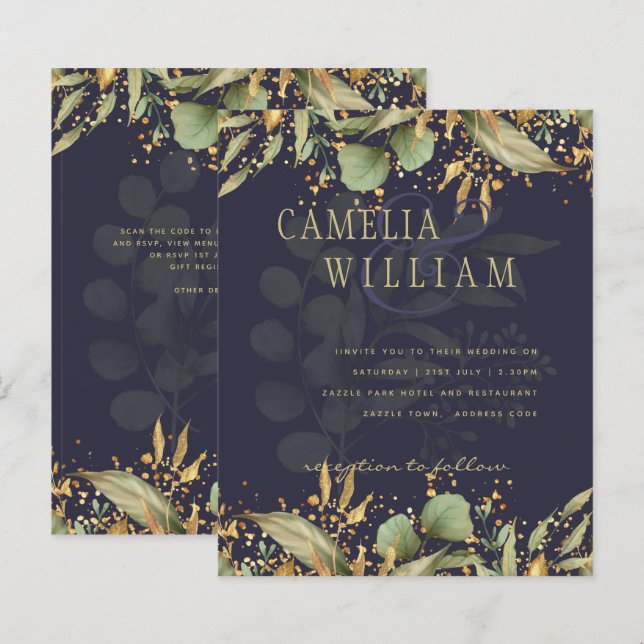 LeahG Greenery Feuilles Blue Gold Wedding Invitati (Devant / Derrière)