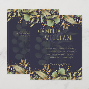 LeahG Greenery Feuilles Blue Gold Wedding Invitati