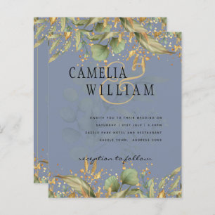LeahG Greenery Feuilles Blue Gold Wedding Invitati