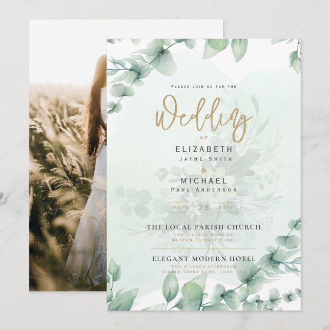 LeahG Greenery Gold PHOTO Mariage Invitation (Devant / Derrière)