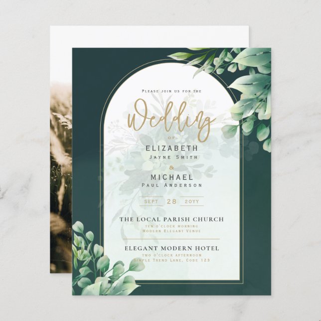 LeahG Greenery Gold PHOTO Mariage Invitation (Devant / Derrière)
