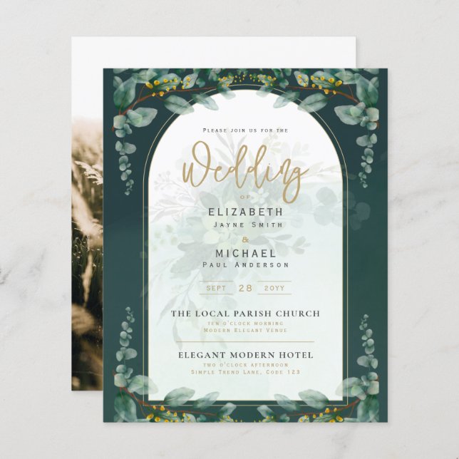 LeahG Greenery Gold PHOTO Mariage Invitation (Devant / Derrière)