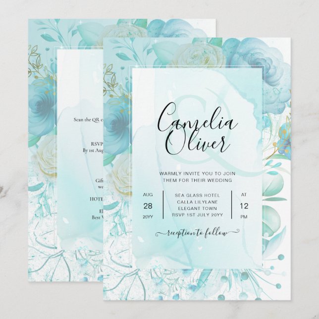 LeahG INK Verre de mer Turquoise Aqua INVITATION A (Devant / Derrière)