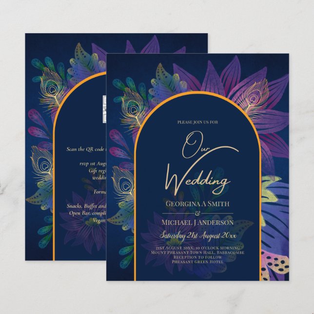 LeahG Invitation de mariage Navy Violet Or TONS DE (Devant / Derrière)