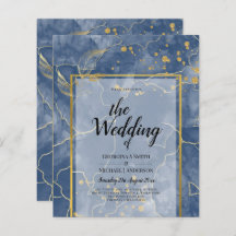 LeahG Marine Blue Gold INK Mariage Abstrait INVITE