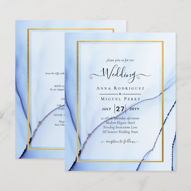LeahG Marine Blue Gold INK Mariage Abstrait INVITE (Devant / Derrière)