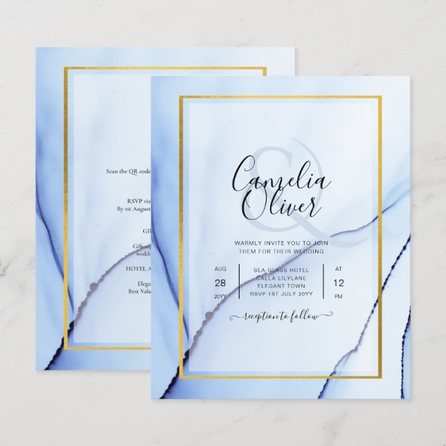 LeahG Marine Blue Gold INK Mariage Abstrait INVITE (Devant / Derrière)