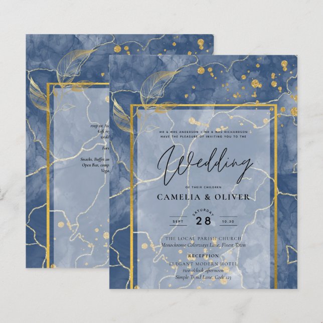 LeahG Marine Blue Gold INK Mariage Abstrait INVITE (Devant / Derrière)