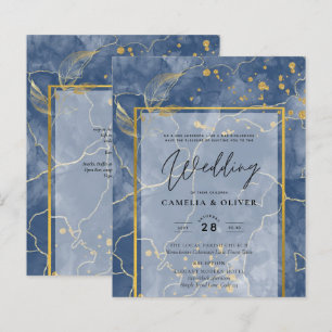 LeahG Marine Blue Gold INK Mariage Abstrait INVITE