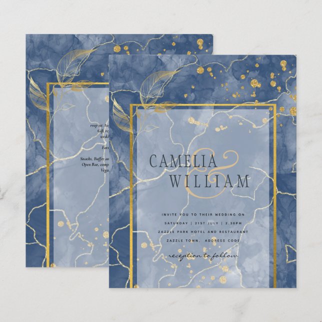 LeahG Marine Blue Gold INK Mariage Abstrait INVITE (Devant / Derrière)