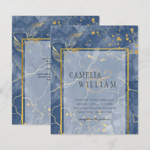 LeahG Marine Blue Gold INK Mariage Abstrait INVITE