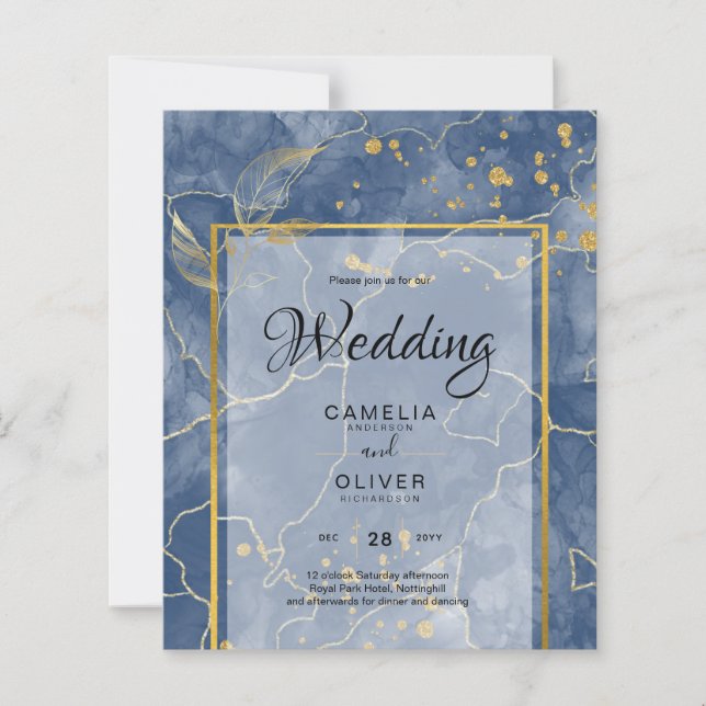 LeahG Marine Blue Gold INK Mariage Abstrait INVITE (Devant)