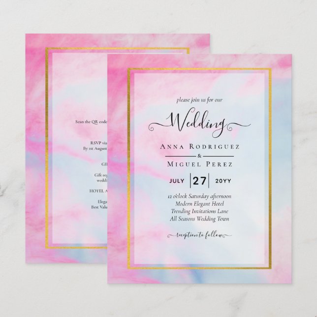 LeahG Pink Aqua Blue Gold INK Wedding INVITE (Devant / Derrière)
