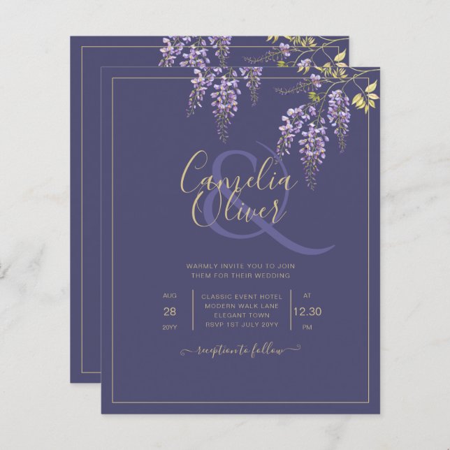 LeahG Purple Gold WISTERIA Floral Wedal INVITE (Devant / Derrière)