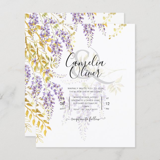 LeahG Purple Gold WISTERIA Floral Wedal INVITE (Devant / Derrière)