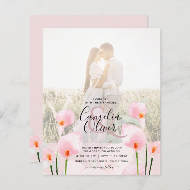 LeahG Rose Calla Lily PHOTO Overlay Mariage Invite (Devant / Derrière)