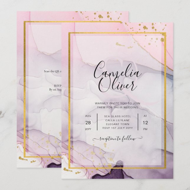 LeahG Rose Violet Lavande Or INVITATION Mariage (Devant / Derrière)