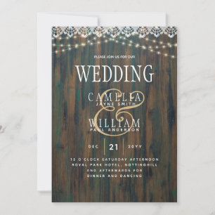 LeahG Rustic Wood Lace Lumières Mariage Invitation