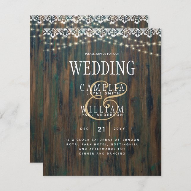 LeahG Rustic Wood Lace Lumières Mariage Invitation (Devant / Derrière)
