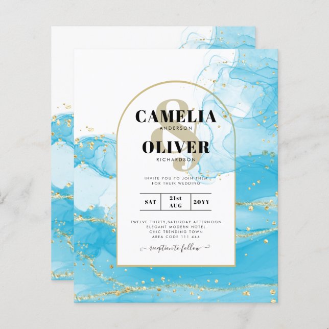 LeahG Turquoise Gold Aqua Blue Wedding INVITE (Devant / Derrière)