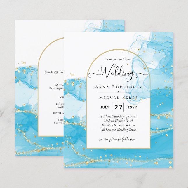 LeahG Turquoise Gold Aqua Blue Wedding INVITE (Devant / Derrière)