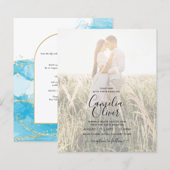 LeahG Turquoise Gold Aqua Blue Wedding INVITE (Devant / Derrière)
