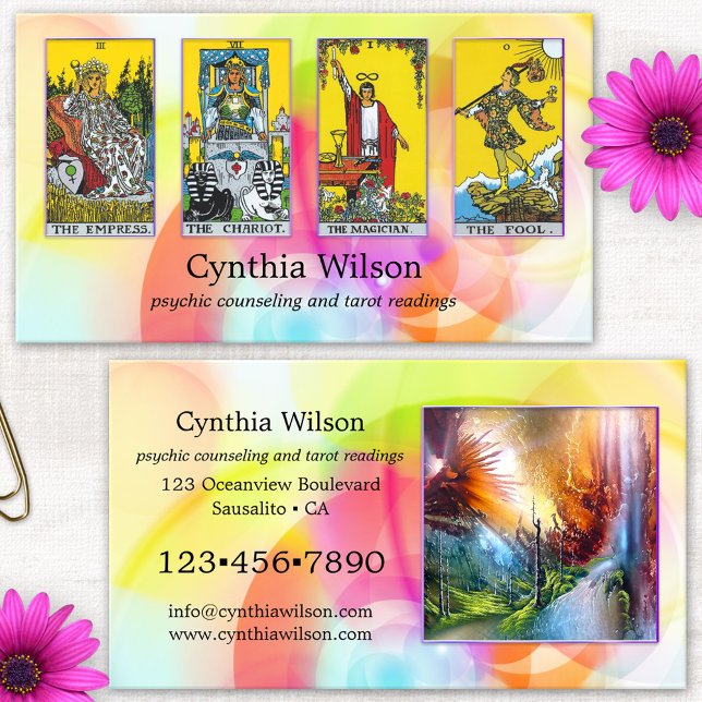 Lecteur de Tarot Psychique Carte de Visite Photo (Psychic tarot business card featuring your own photos framed by a colorful artistic background)