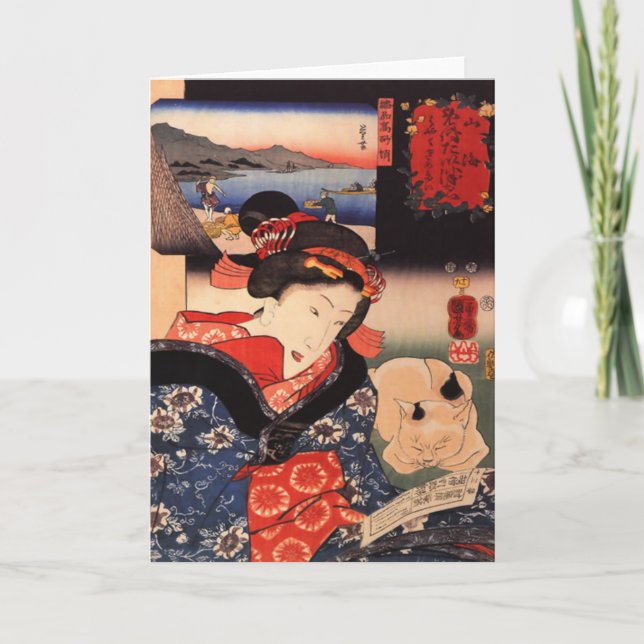 Lecture de femme avec la carte de voeux de chat (Devant)