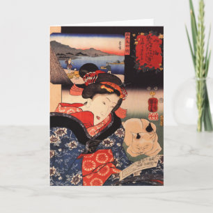 Lecture de femme avec la carte de voeux de chat