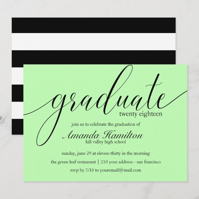 Légère Typographie verte Graduation Invitation (Devant / Derrière)