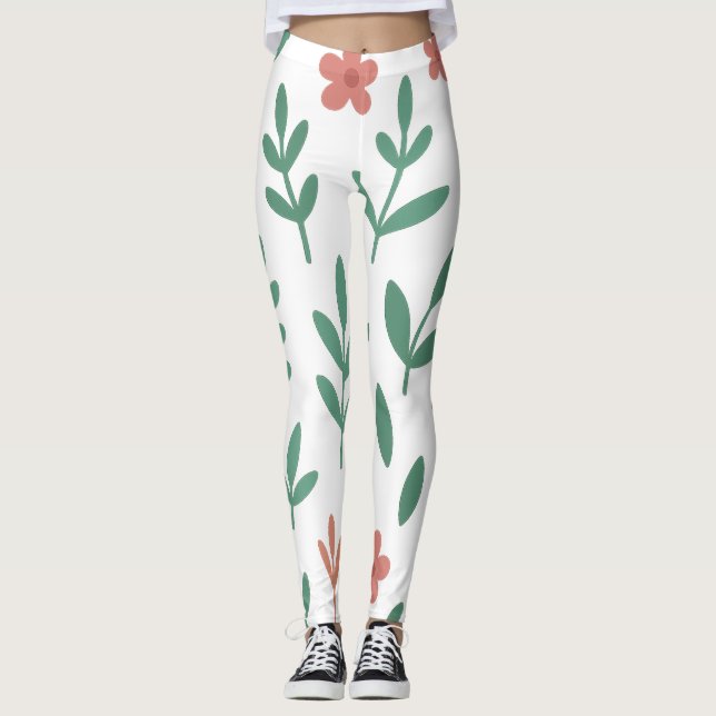 Legging à motif de feuille verte et de fleur rose (Devant)