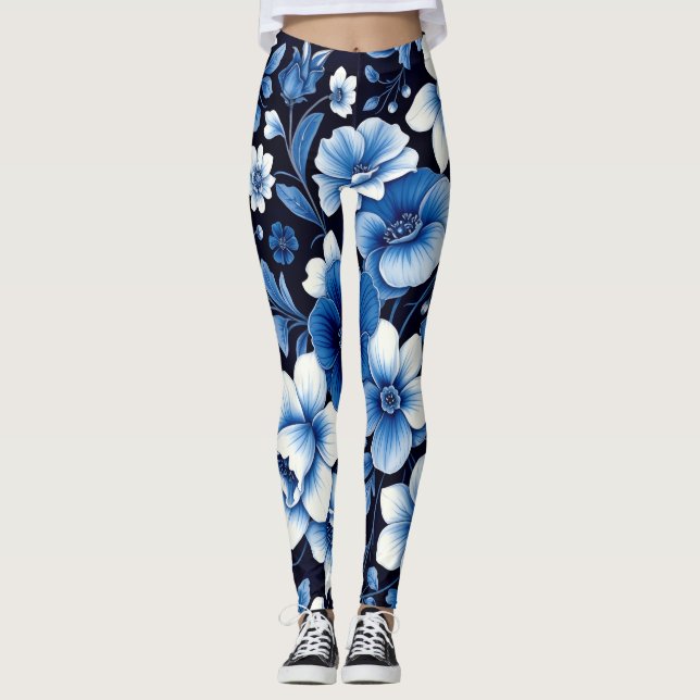 legging bleu à fleurs en velours (Devant)