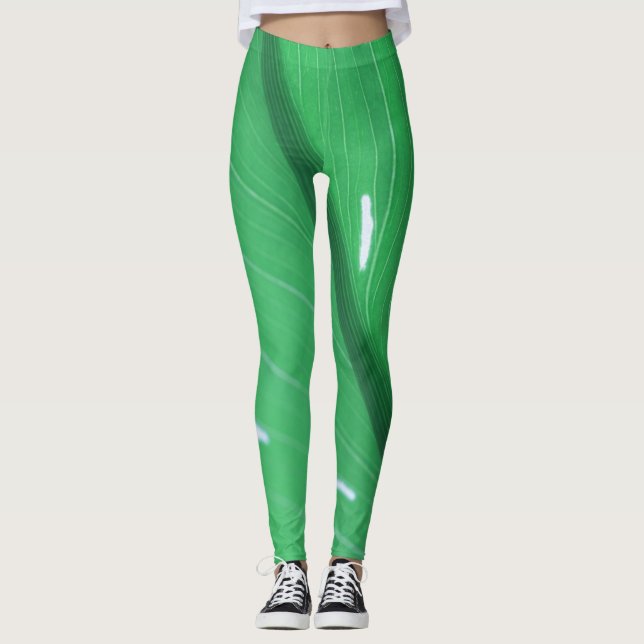 Legging de Couleur Pâle Vert avec Feuilles (Devant)