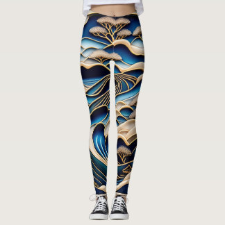 LEGGINGS ビンテージな日本の浮世絵北斎イズムとローファイアートが融合した着物柄のレギンス