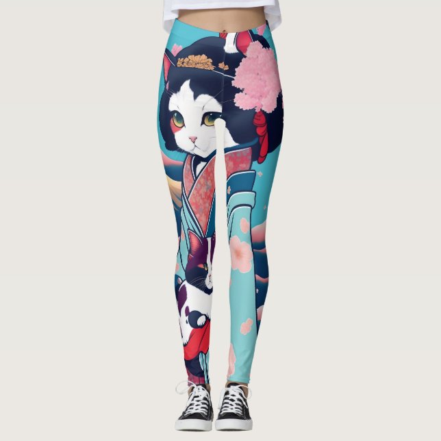 Leggings 猫の初恋～浮世絵と着物に包まれた和風のkawaiiくてキュートな女の子の恋ねこ物語～レギンス (Devant)