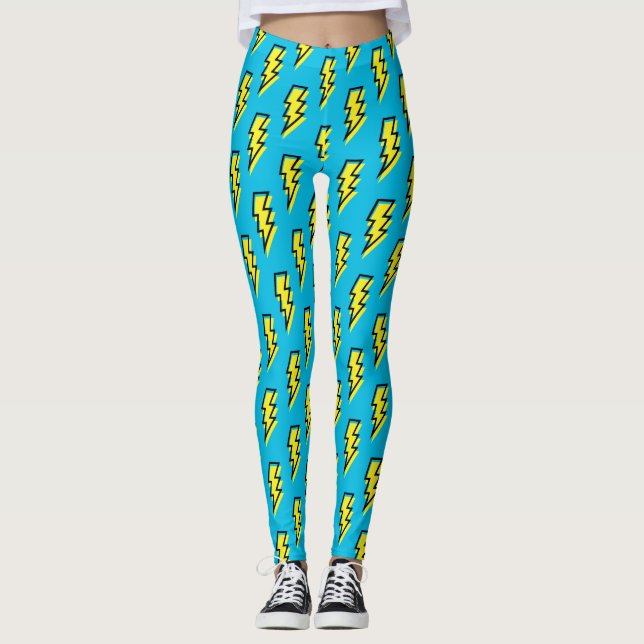 Leggings 1980/1990 Neon Blue Yellow Lightning Motif (Devant)
