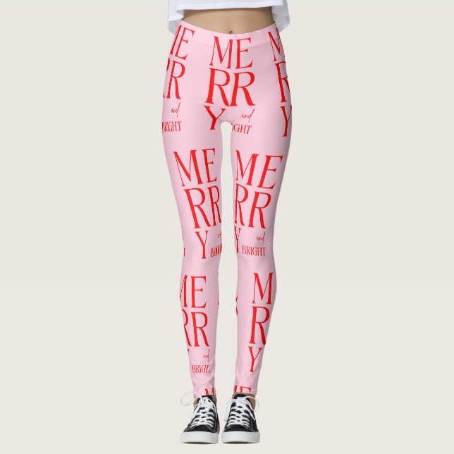 Leggings 2025 Modern Merry and Bright Red Pink Christmas (Devant)