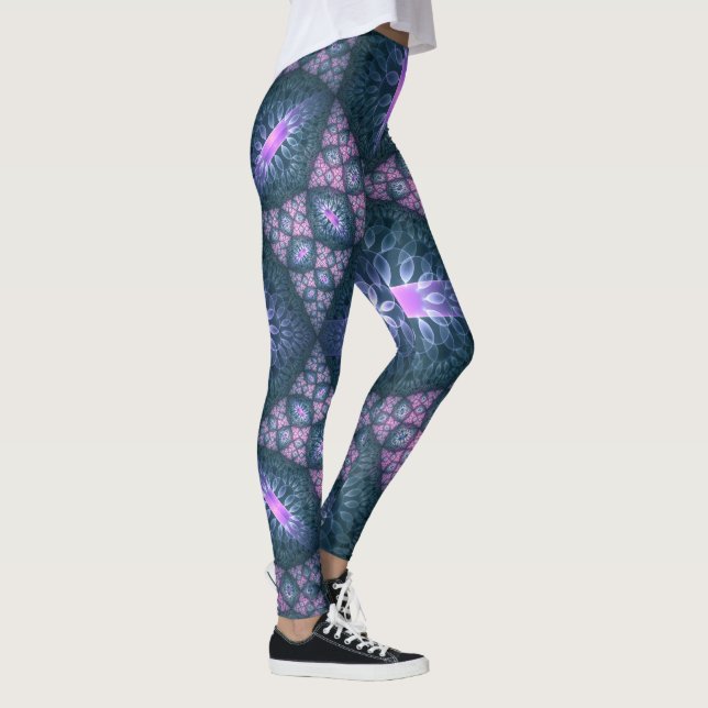 Leggings 3D Fractal Art Abstrait Motif bleu violet rose (Droite)