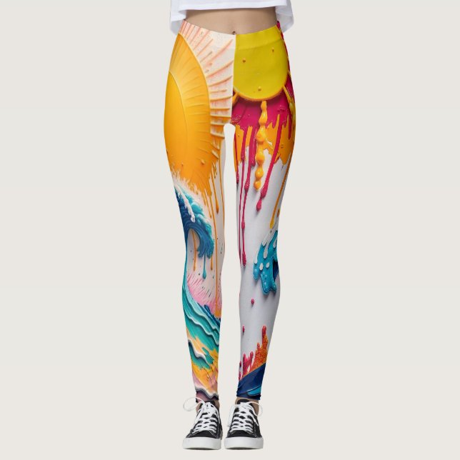 Leggings 3D Textured Tropical Wave & Sun Abstract Impasto (Devant)