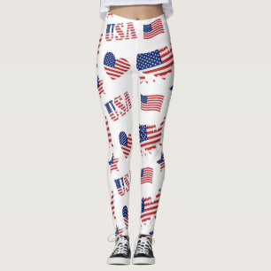 Leggings 4 juillet USA Drapeau Coeur Rouge Bleu Blanc