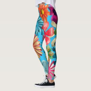 Leggings 60s Retro MOD coloré Hippie Daisy Fleurs Bleu