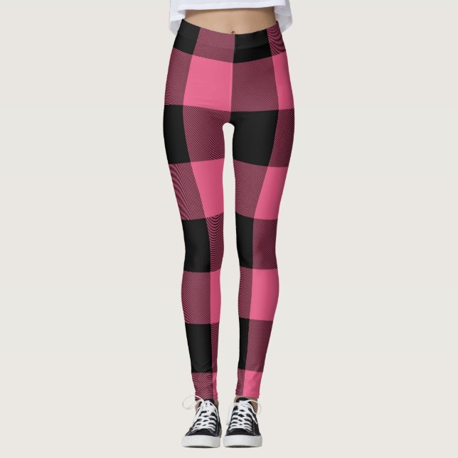 Leggings À damiers Plaid de buffle rose et noir (Devant)