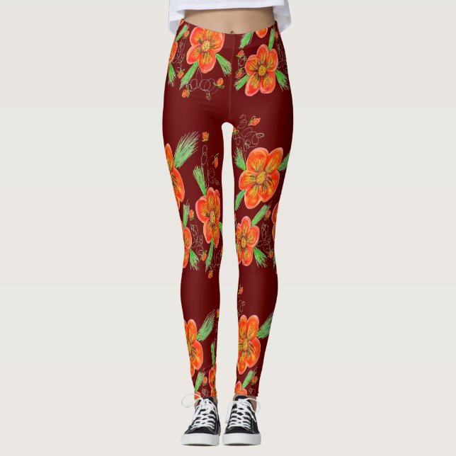Leggings à fleurs de vin rouge (Devant)