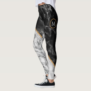 Leggings à lettre personnalisés noir blanc marbré