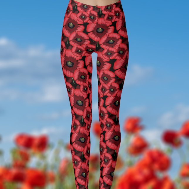Leggings à motif de fleurs de pavot rouges d'août (Pop a bold pair of poppy leggings on! Perfect for summer!)