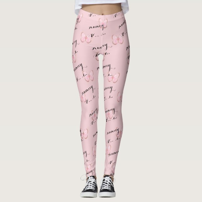 Leggings à motif papillon rose avec nom personnali (Devant)
