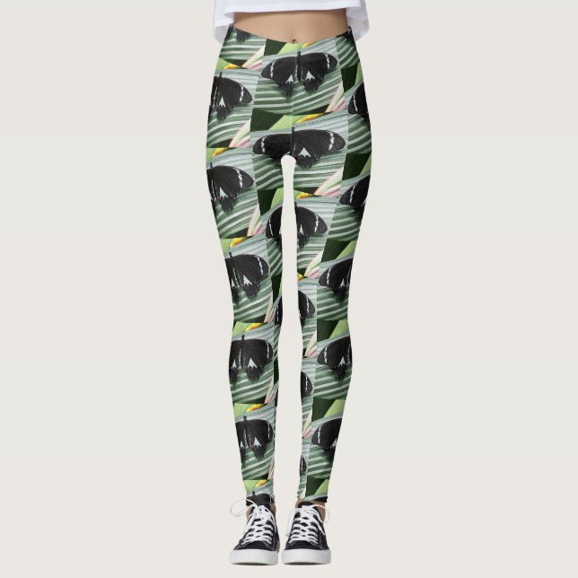 Leggings à papillons tropicaux noirs et blancs (Devant)