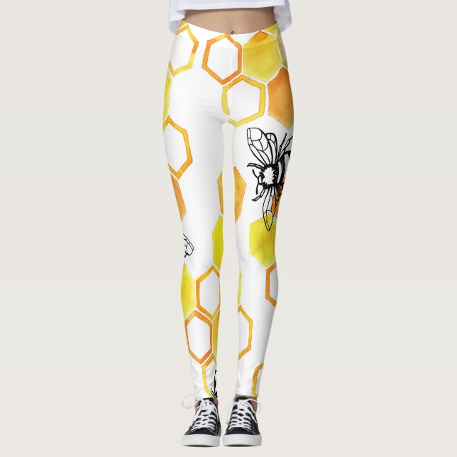 Leggings Abeilles de miel : Motif d'aquarelle jaune (Devant)