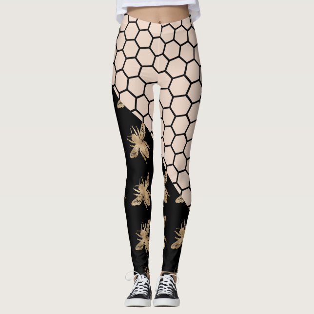 Leggings Abeilles noires et d'or et peigne rose (Devant)