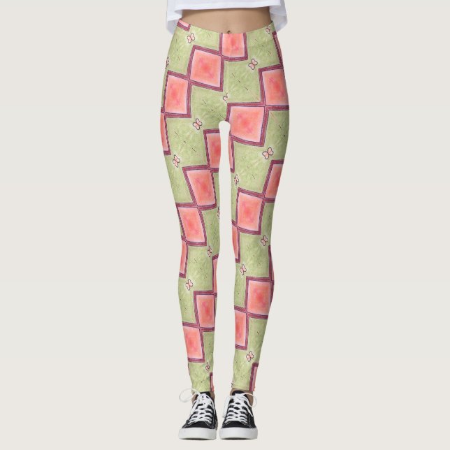 Leggings ABL - 069 - Papillon vert et Saumon (Devant)